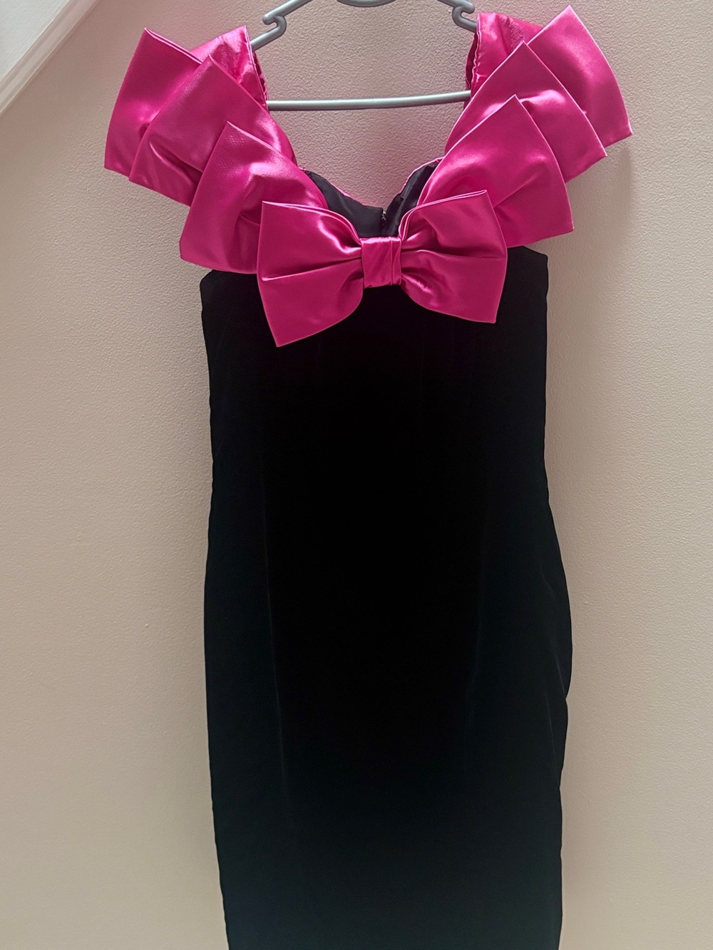 JS Collections Black Velvet Midi Dress with Hot Pink Satin Bows